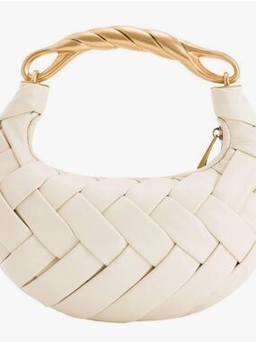 Woven Crescent Bag in Cream with Gold Handle